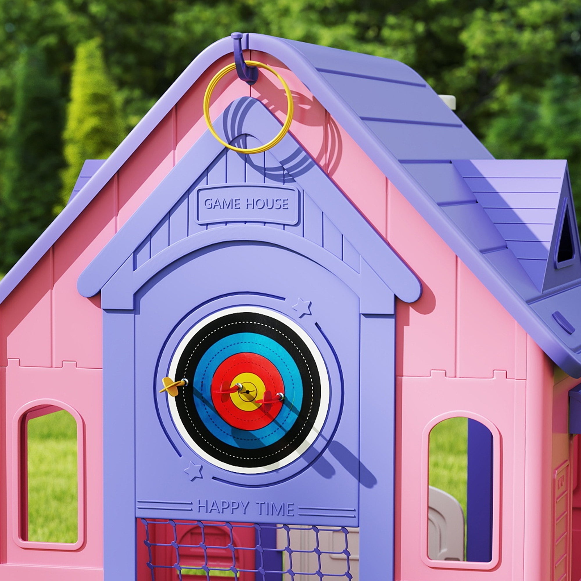 Pink and purple plastic aiyaplay 5-in-1 playhouse for kids with colorful dartboard basketball hoop and ring toss features