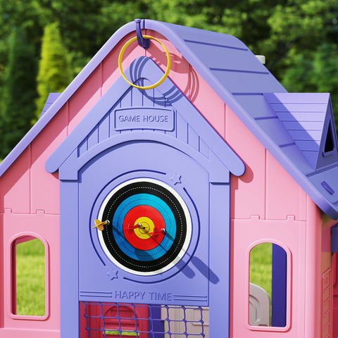 Pink and purple plastic aiyaplay 5-in-1 playhouse for kids with colorful dartboard basketball hoop and ring toss features