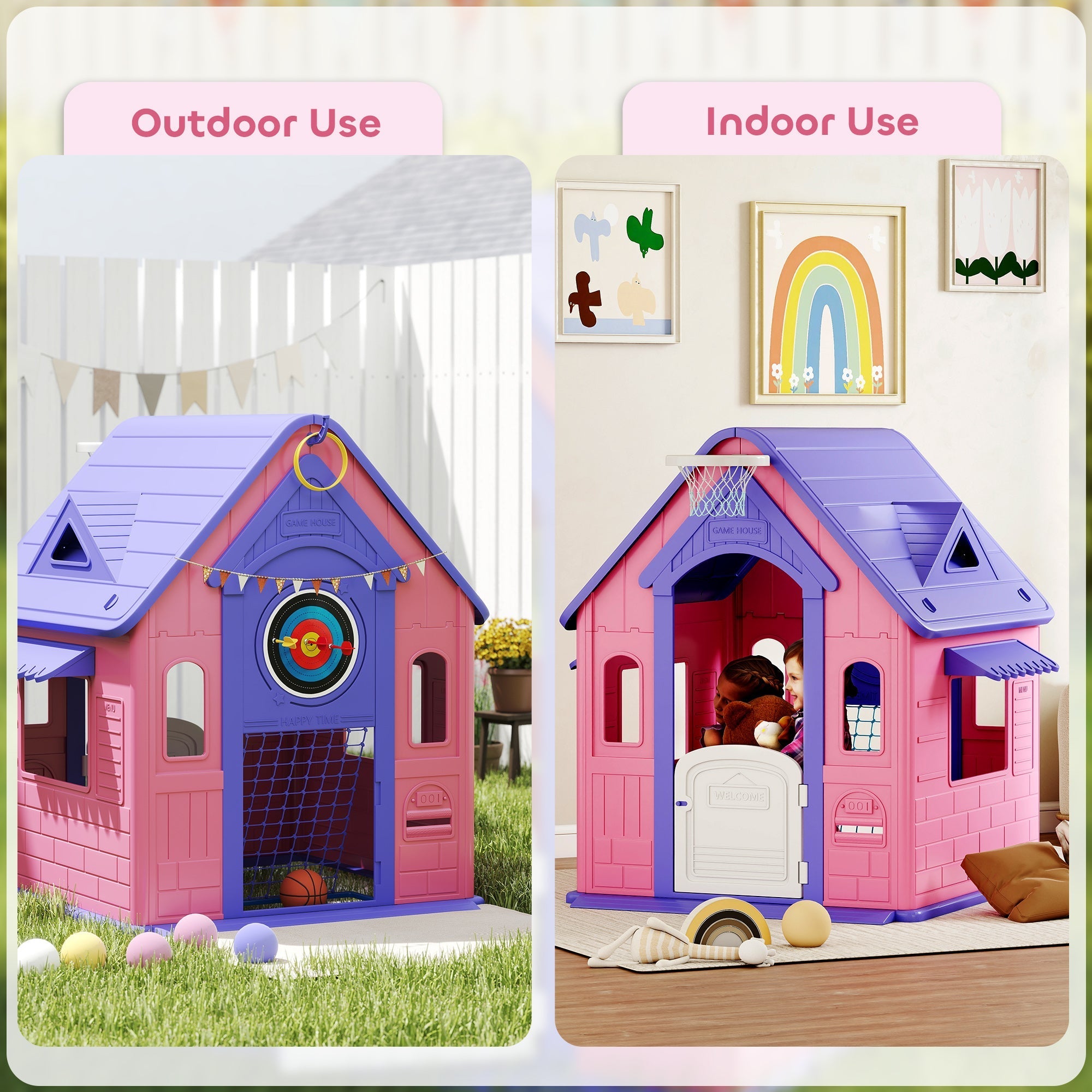 Pink and purple plastic aiyaplay 5-in-1 playhouse with white door featuring basketball hoop football goal and ring toss for kids