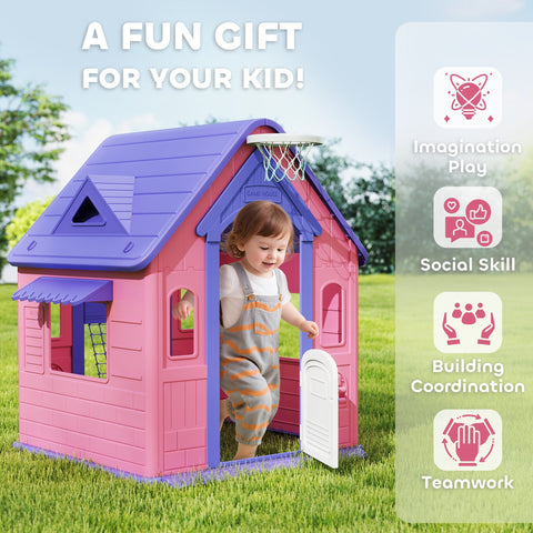 Pink and purple plastic aiyaplay 5-in-1 playhouse for kids with basketball hoop ring toss and football goal for indoor outdoor fun
