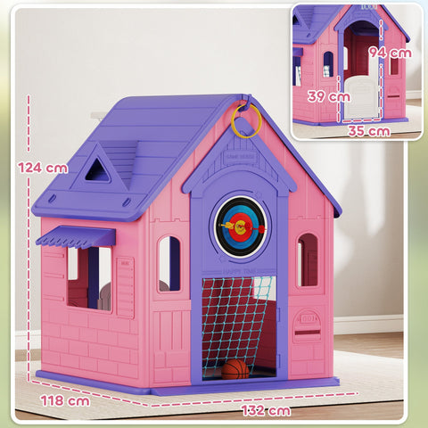 Pink and purple plastic aiya play 5-in-1 playhouse with basketball hoop ring toss and football goal for kids