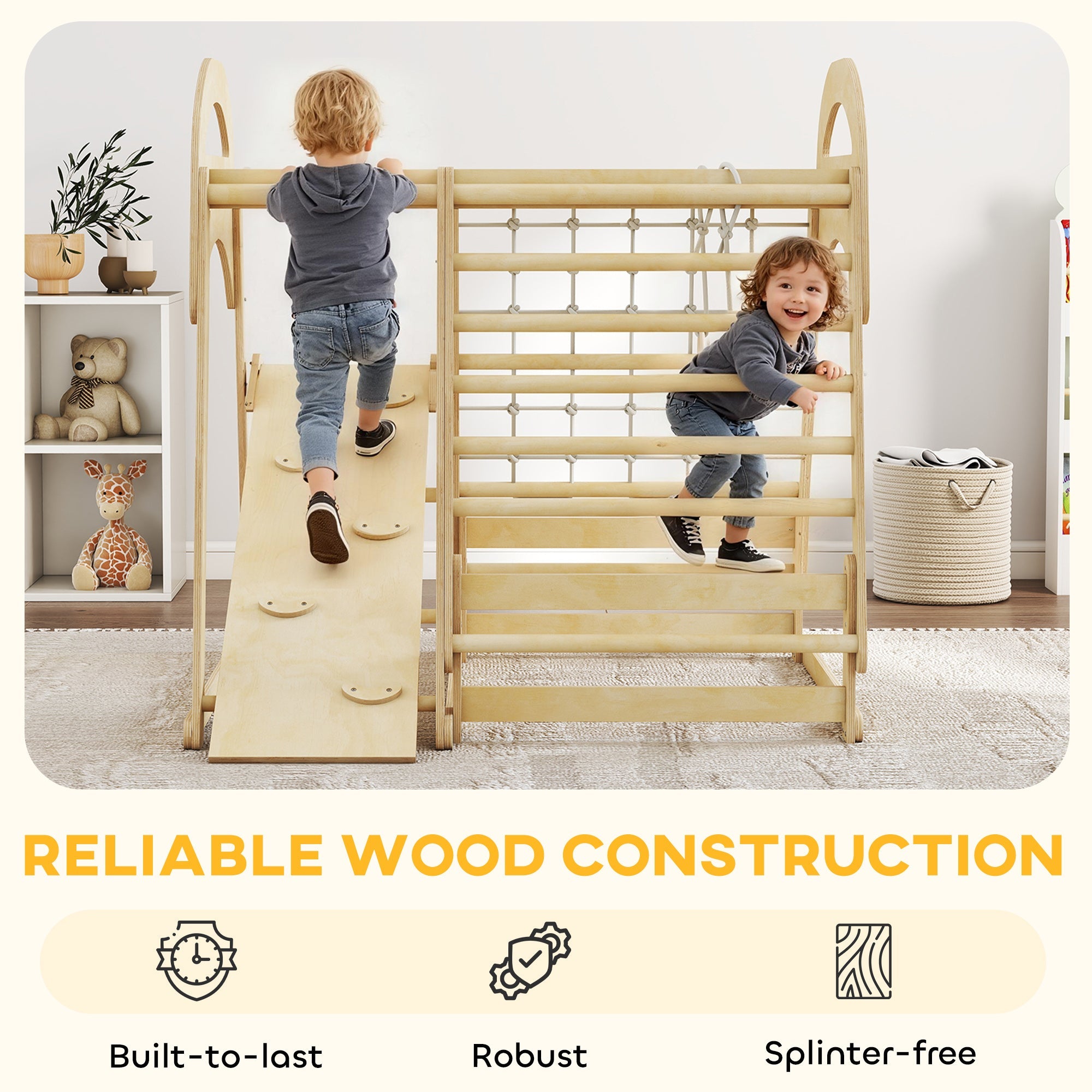 Light-colored wooden toddler climbing gym with slide and rope ladder offering endless fun and monkey bars play