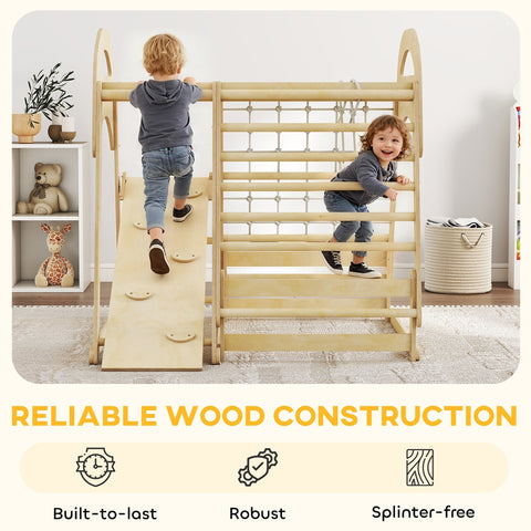 Light-colored wooden toddler climbing gym with slide and rope ladder offering endless fun and monkey bars play