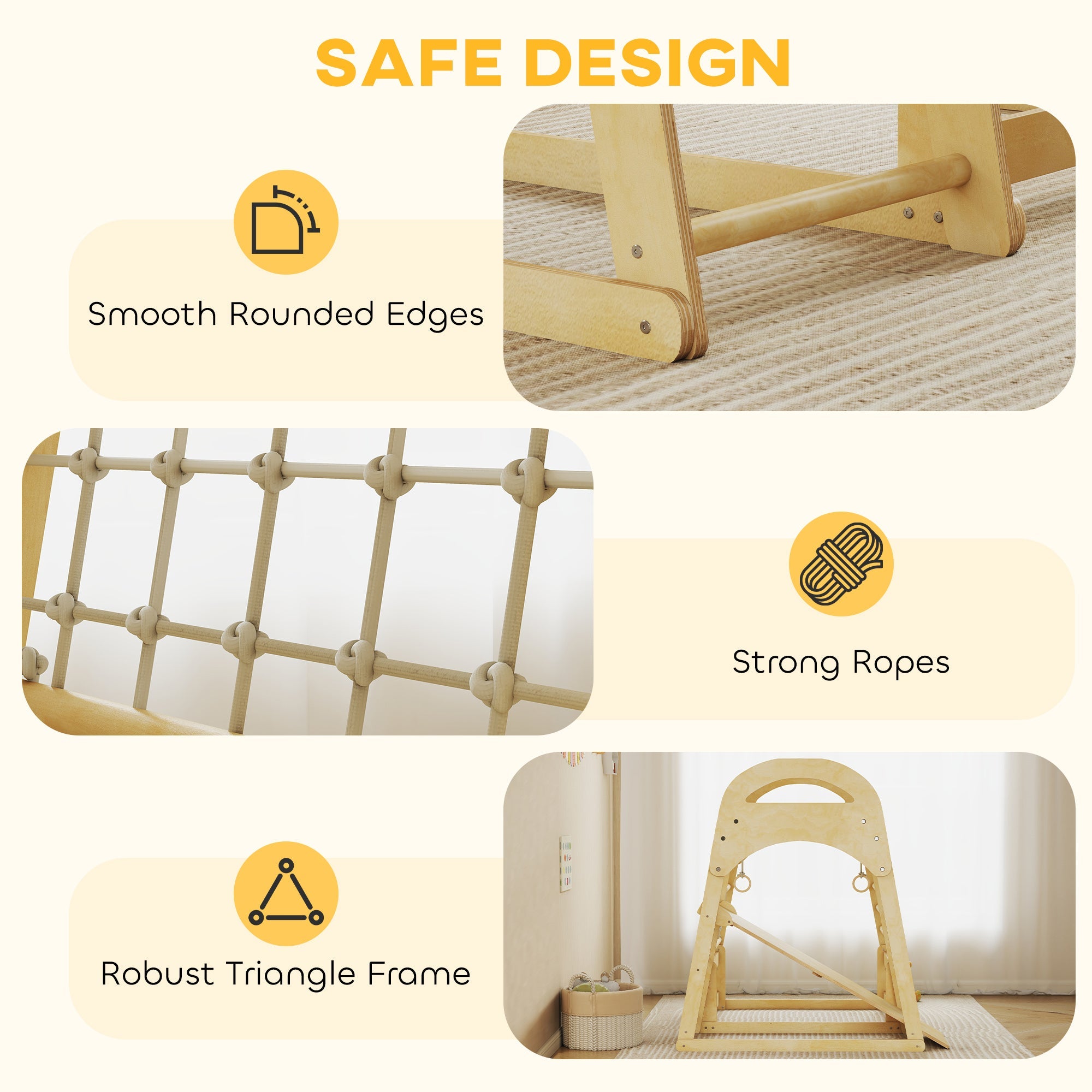 Aiyaplay 6 in 1 kids climbing frame in natural light wood with monkey bars and strong ropes for endless fun
