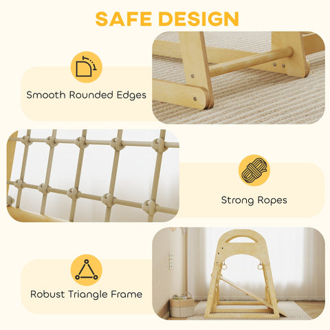 Aiyaplay 6 in 1 kids climbing frame in natural light wood with monkey bars and strong ropes for endless fun