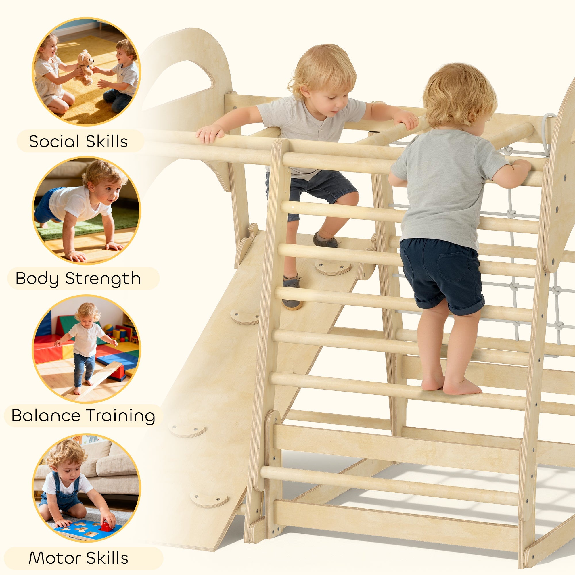 Natural tone wooden toddler climbing frame with slide and monkey bars for endless fun ages 3 to 6 years