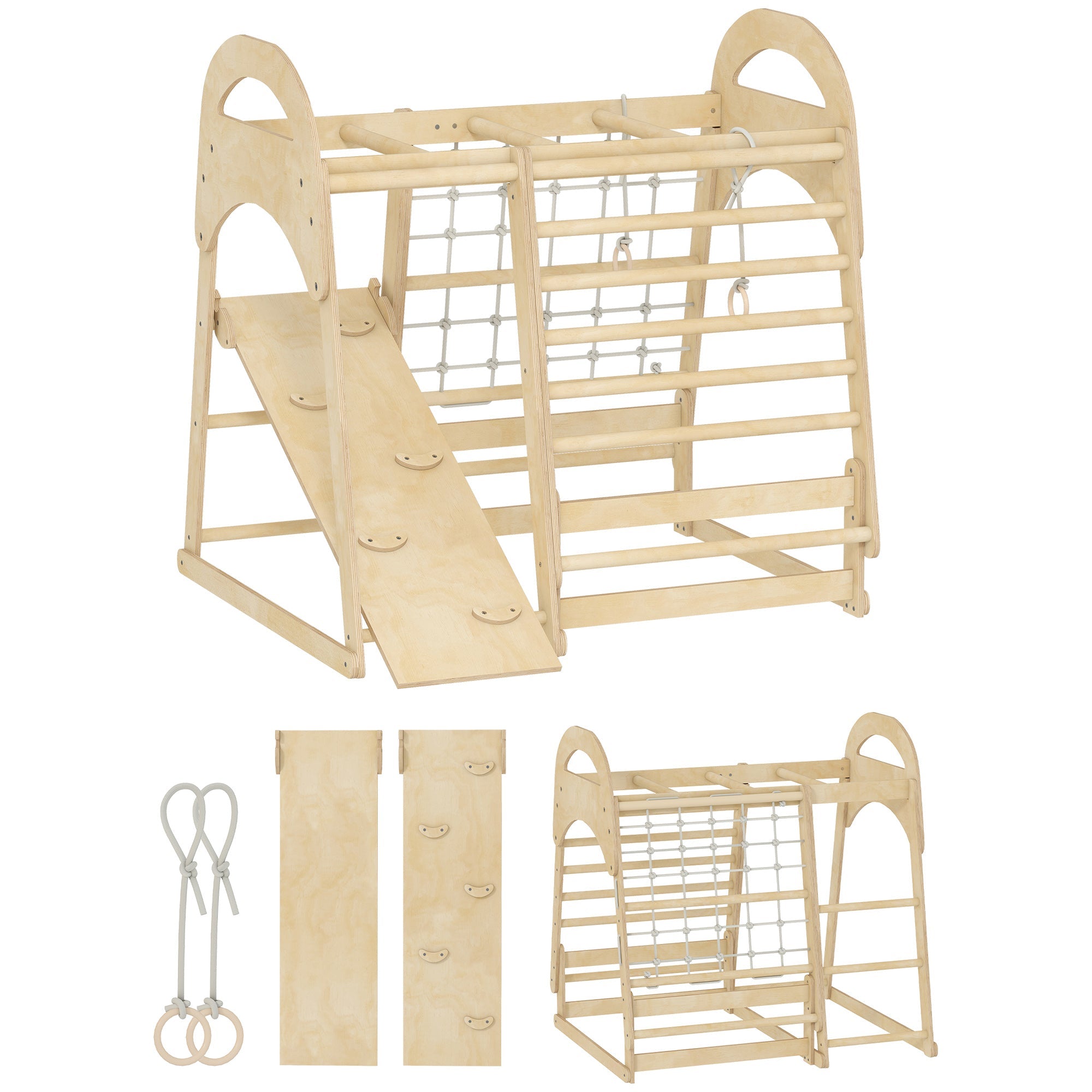 Light-colored wooden toddler climbing gym with slide, monkey bars, and netting for endless fun by aiyaplay