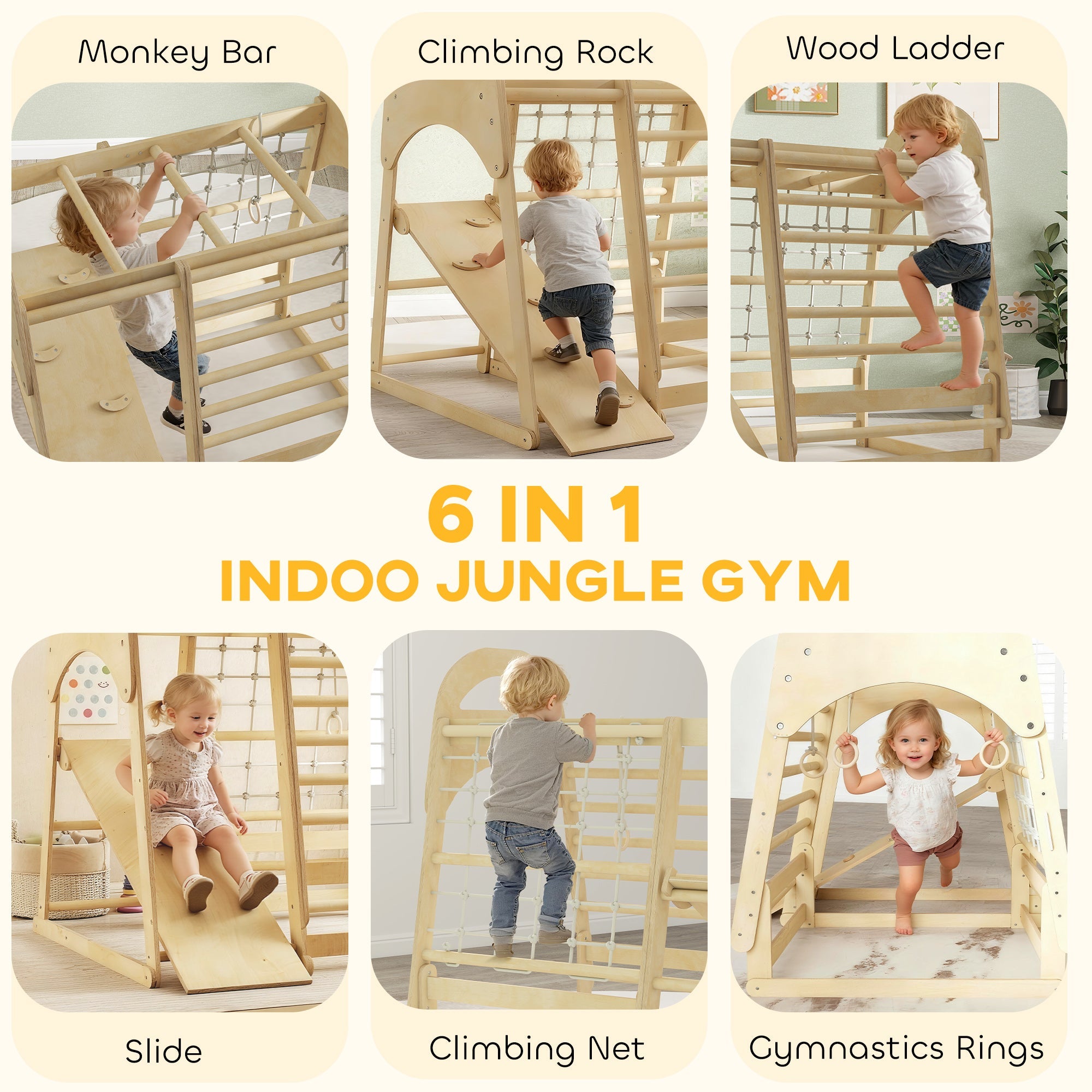 Light-colored wooden 6-in-1 indoor jungle gym with monkey bars and slide for endless fun kids aged 3-6