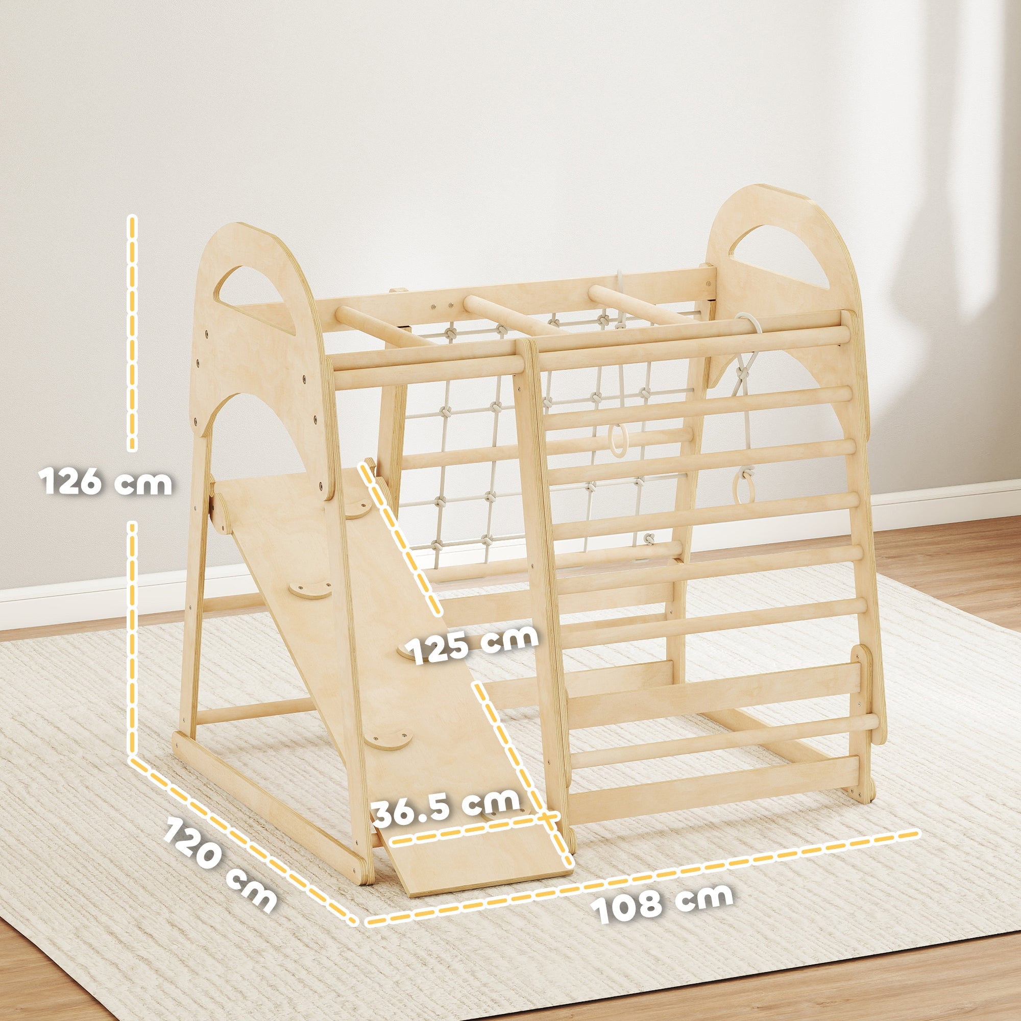 Light-colored wooden aiyaplay 6 in 1 kids climbing frame with slide and monkey bars for endless fun ages 3 to 6