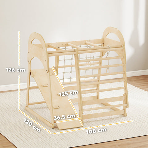 Light-colored wooden aiyaplay 6 in 1 kids climbing frame with slide and monkey bars for endless fun ages 3 to 6