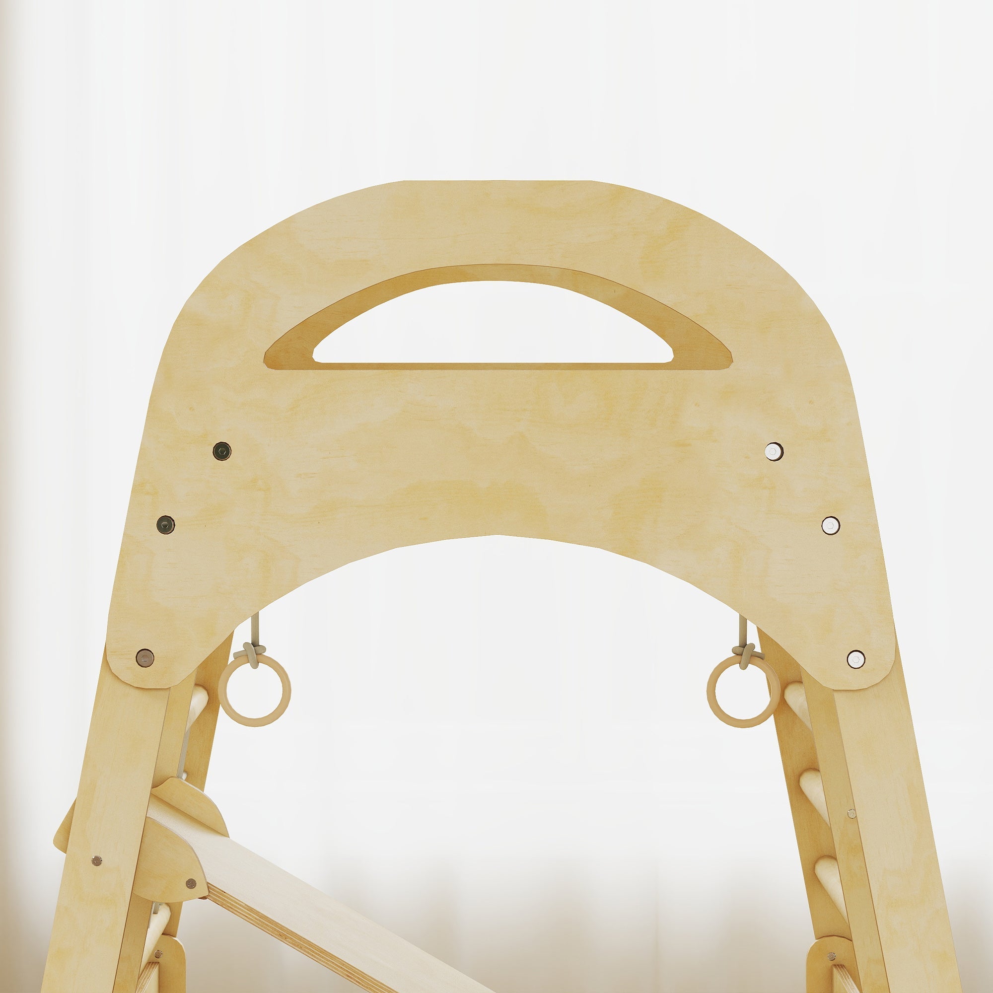 Light wooden toddler activity ladder with arched top and hanging rings for endless fun with monkey bars by aiyaplay