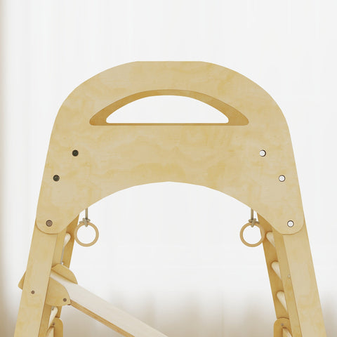 Light wooden toddler activity ladder with arched top and hanging rings for endless fun with monkey bars by aiyaplay