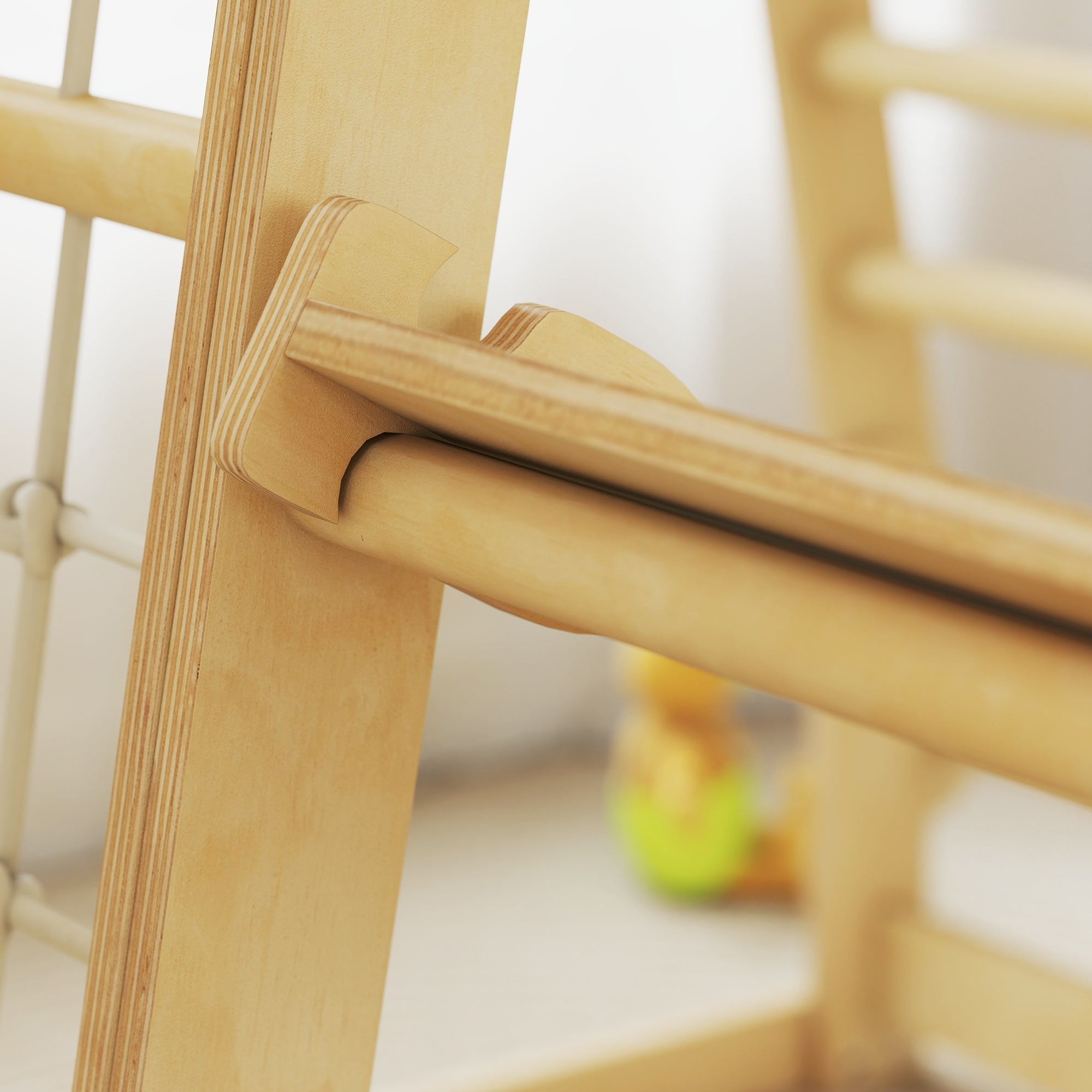 Light-colored wooden ladder with smooth rounded edges and wood grain for aiyaplay 6 in 1 kids climbing frame with monkey bars and endless fun