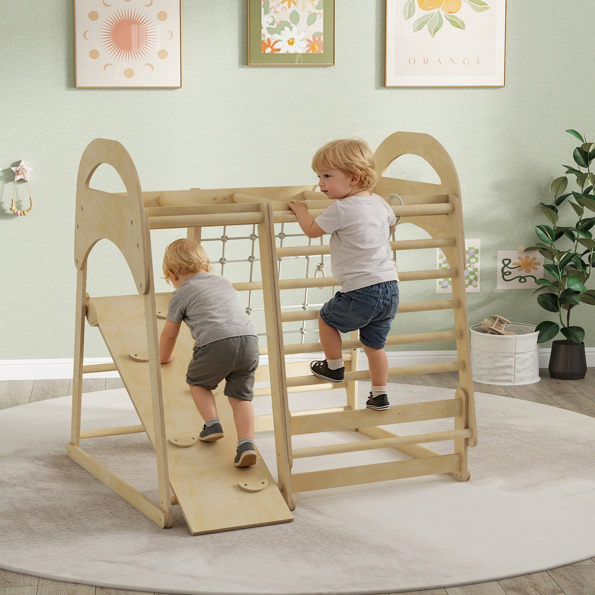 Light-colored wooden toddler climbing frame with monkey bars ramp and netting for endless fun and active play