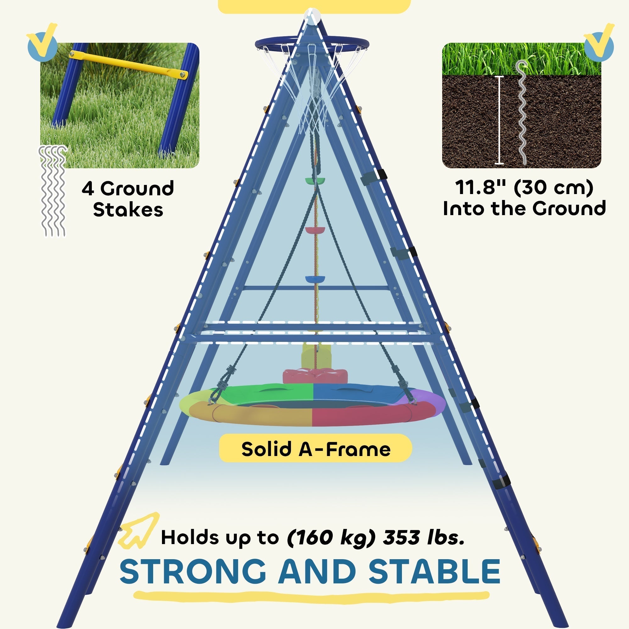 Blue metal a-frame swing set with colorful disc rope swing and basketball hoop for kids ages 3-8 by aiyaplay