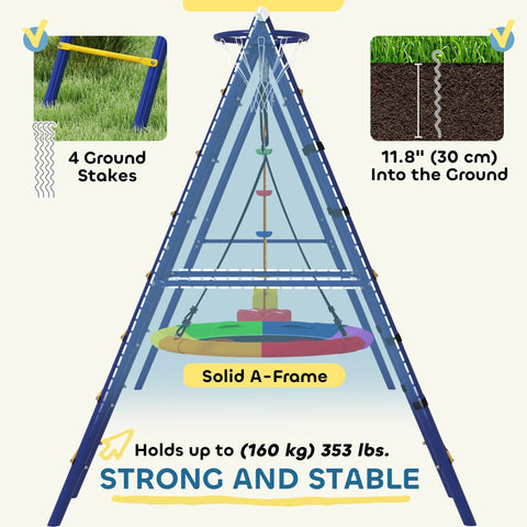 Blue metal a-frame swing set with colorful disc rope swing and basketball hoop for kids ages 3-8 by aiyaplay