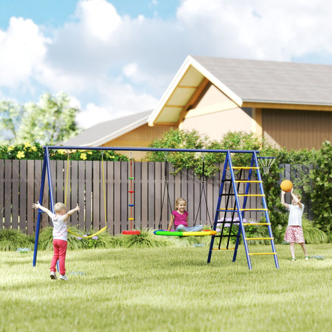 Blue and yellow metal aiayaplay swing set with 3 swings climbing ladder disc rope swing and basketball hoop for kids 3-8