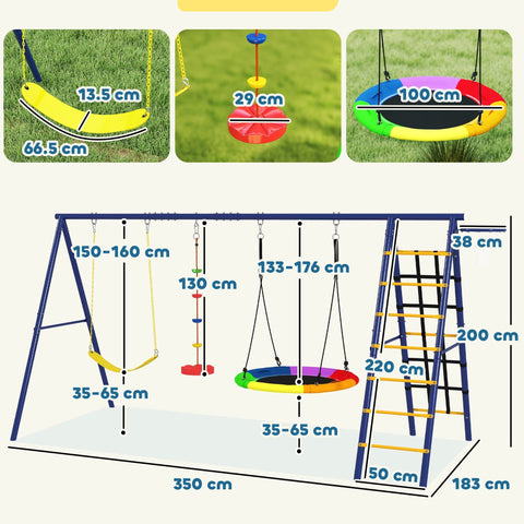 Colorful aiyaplay 6 in 1 metal kids swing set with 3 swings including a disc rope swing and basketball hoop for ages 3-8