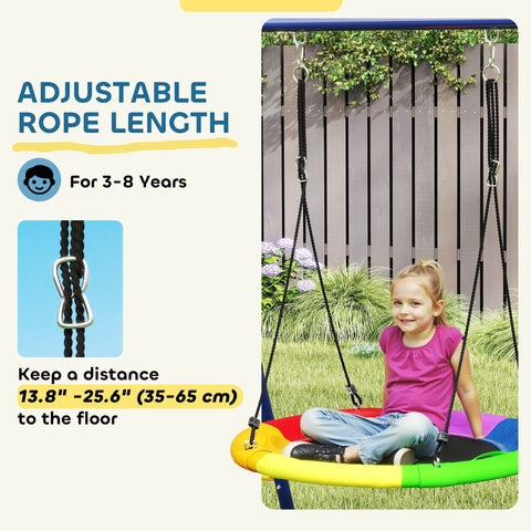 Colorful segmented disc rope swing seat with black rope and metal hardware on AIYAPLAY kids swing set with basketball hoop