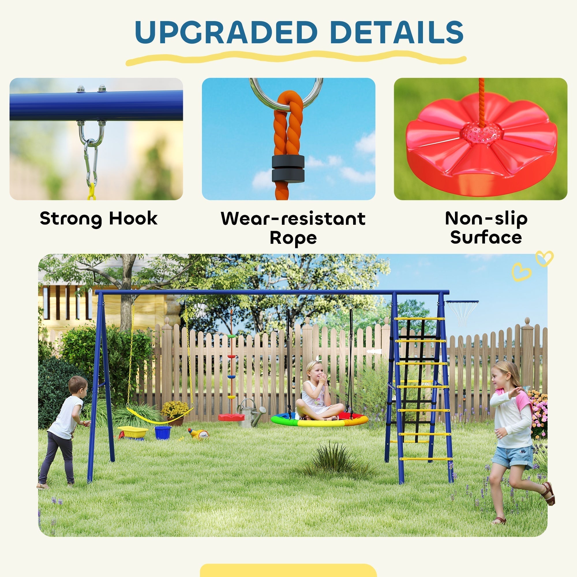 Blue and yellow aiayaplay 6 in 1 metal swing set with 3 swings climbing ladder basketball hoop and disc rope swing