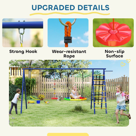 Blue and yellow aiayaplay 6 in 1 metal swing set with 3 swings climbing ladder basketball hoop and disc rope swing