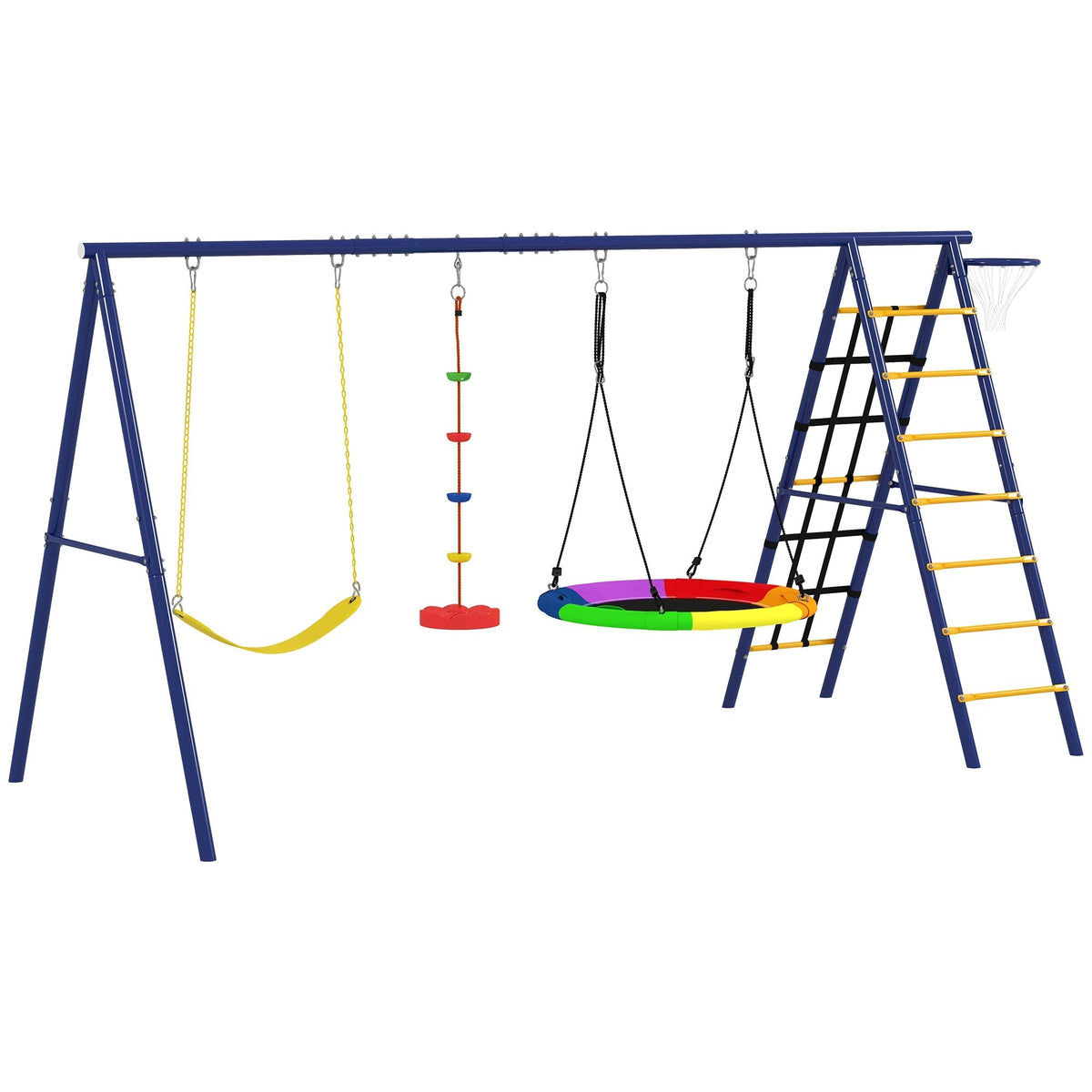 Blue metal kids swing set with yellow chains, rainbow disc rope swing, climbing ladder, and basketball hoop for ages 3 to 8