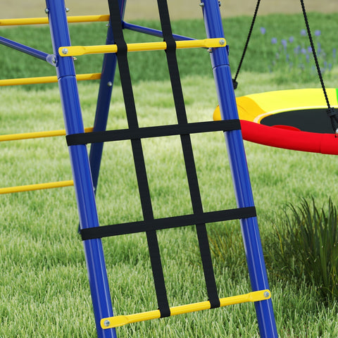 Blue and yellow metal climbing ladder with black webbing rungs for aiyaplay 6 in 1 kids swing set with basketball hoop