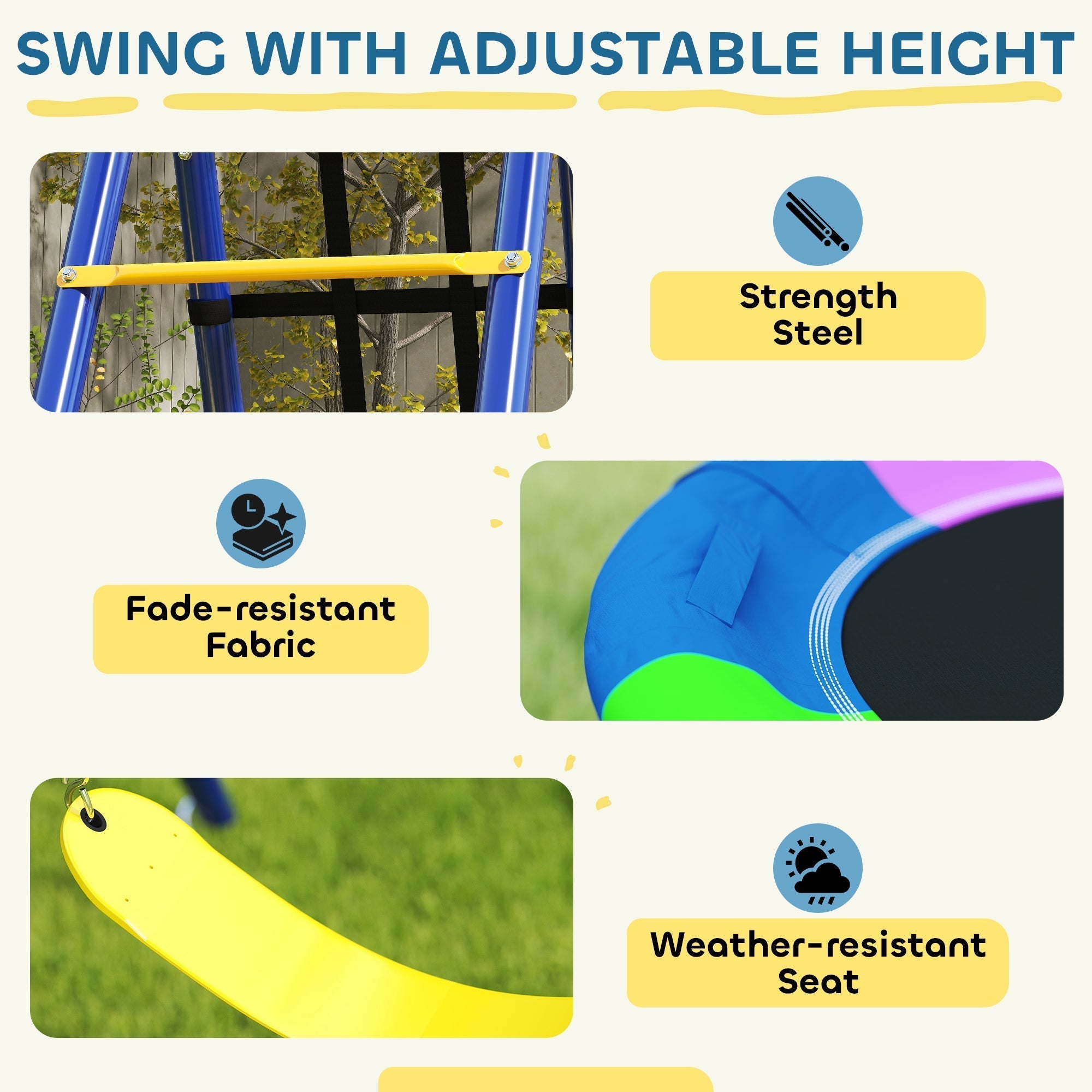 Bright yellow weather-resistant seat with curved design and colorful fabric accents on aiyaplay 6 in 1 swing set with basketball hoop and disc rope swing