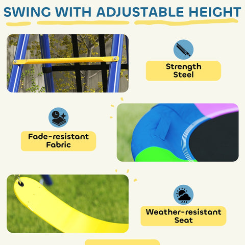 Bright yellow weather-resistant seat with curved design and colorful fabric accents on aiyaplay 6 in 1 swing set with basketball hoop and disc rope swing