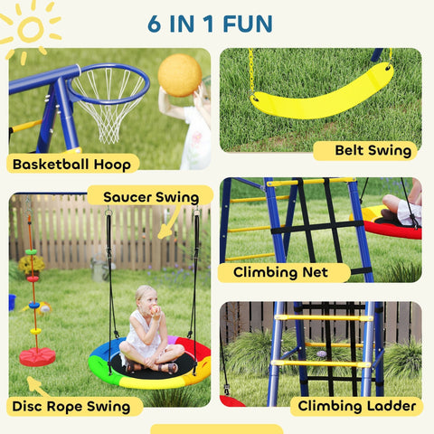 Brightly colored aiyaplay 6 in 1 metal swing set with basketball hoop disc rope swing ladder and climbing net for kids
