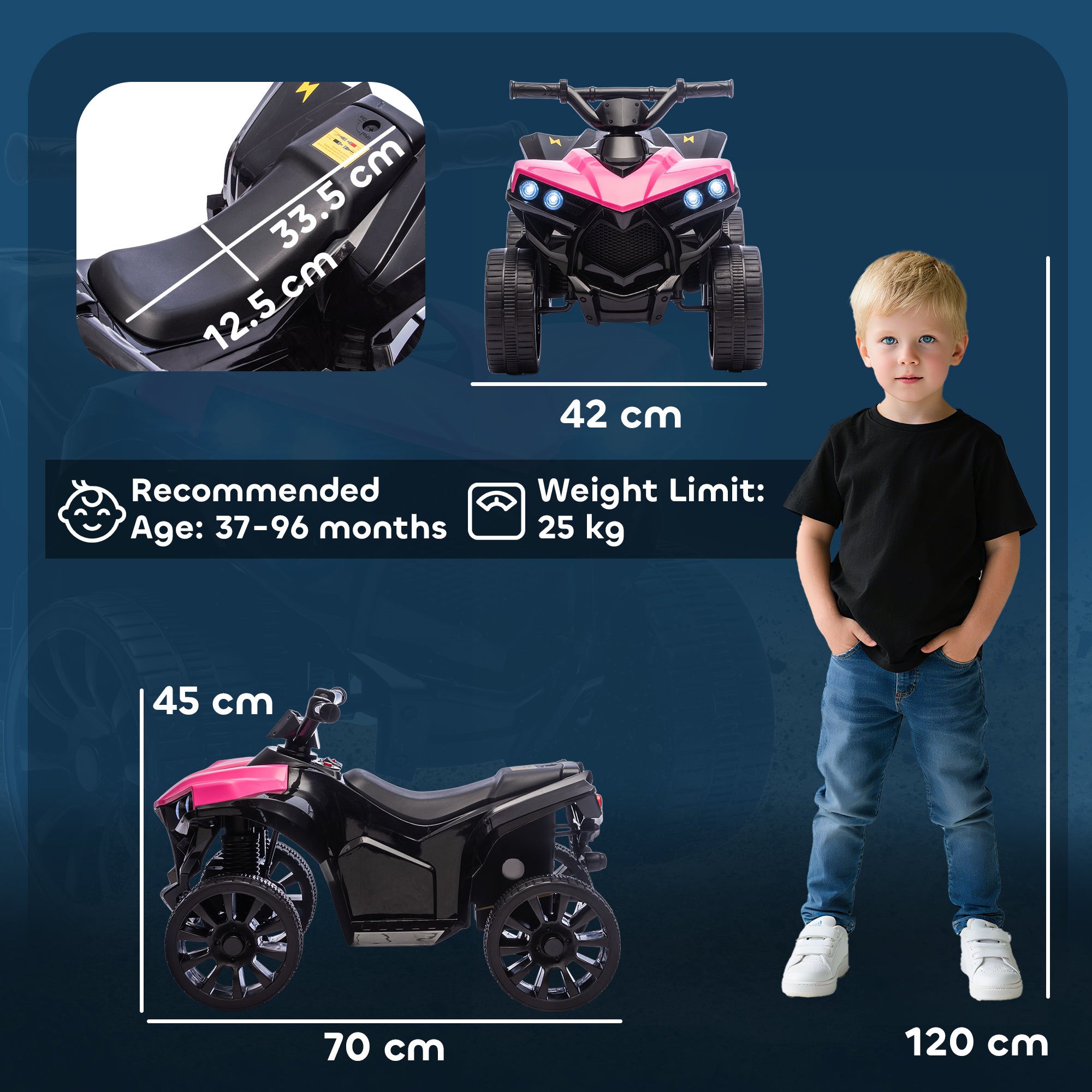 Pink and black AIYAPLAY 6V kids ATV with bright headlights, rugged tires, padded seat, and music for ages 3-8 years
