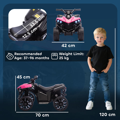 Pink and black AIYAPLAY 6V kids ATV with bright headlights, rugged tires, padded seat, and music for ages 3-8 years