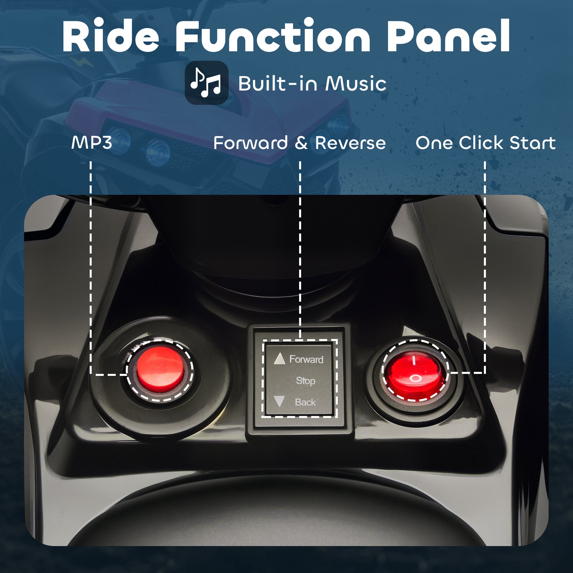 Black plastic ride function panel with red buttons and directional controls on pink AIYAPLAY 6V kids ATV with bright headlights