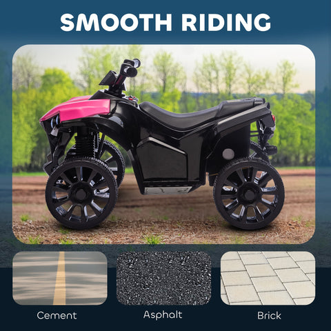 Aiyaplay 6v kids atv in black and pink with glossy finish, black spoked wheels, handlebars, and bright headlights