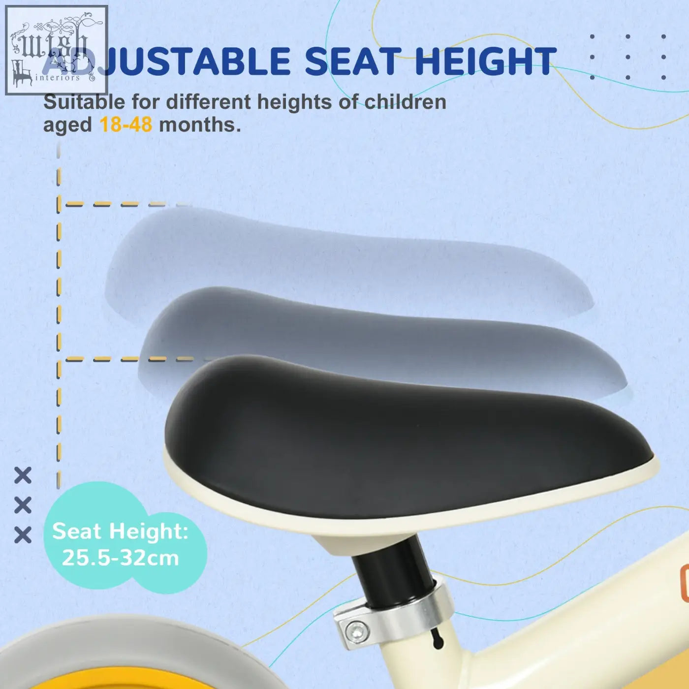 Black padded bicycle seat with cream adjustable seat frame for aiyaplay 8 balance bike with eva wheels for toddlers