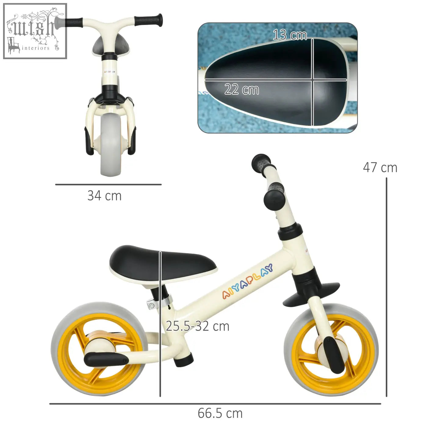 Cream-colored anyaplay balance bike with black adjustable seat and eva wheels for kids training and easy riding