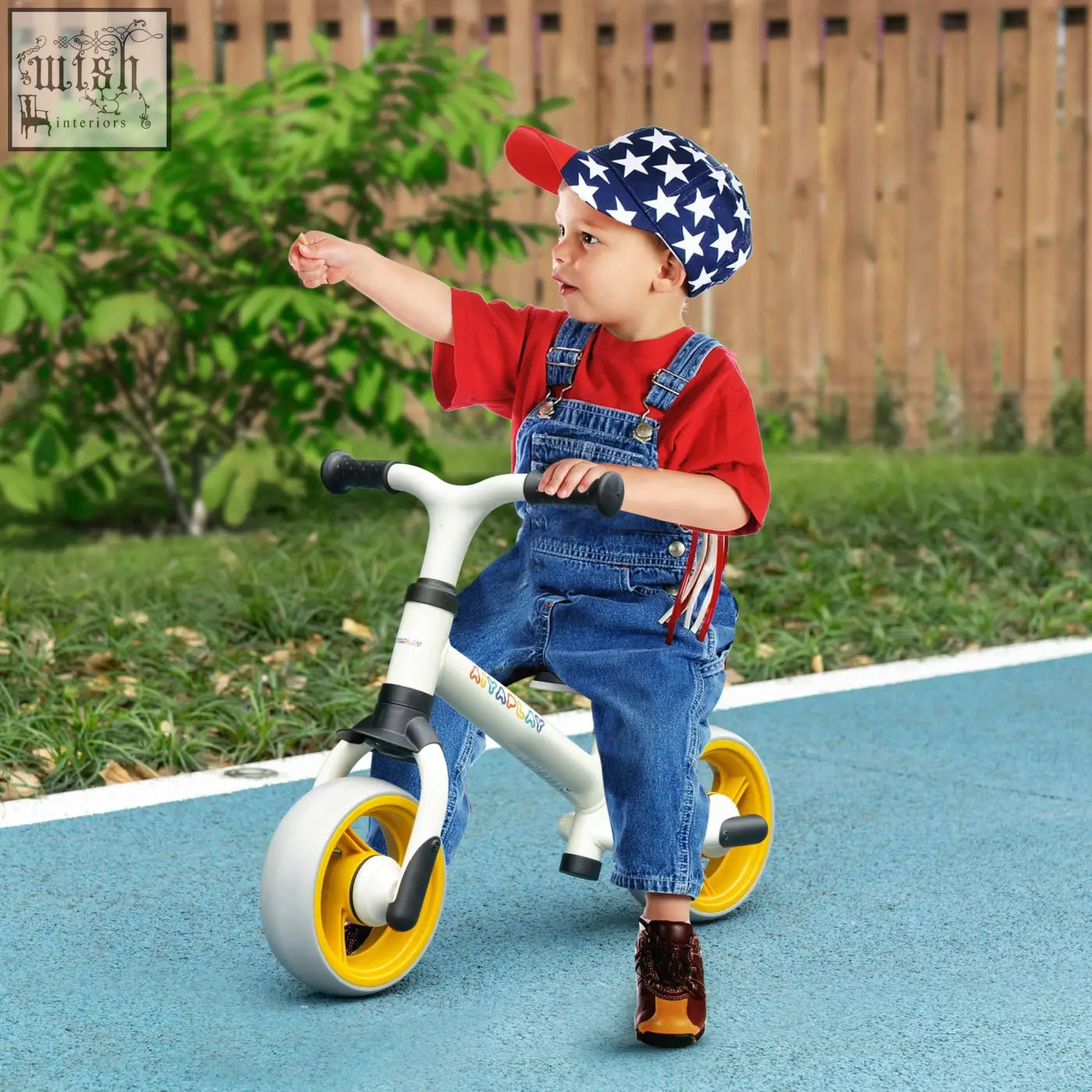 Aiyaplay 8 inch white and yellow balance bike with black handlebars, adjustable seat, eva wheels, lightweight training bike
