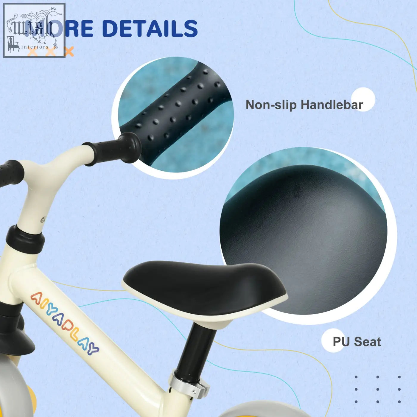 Cream-colored aiyaplay 8 balance bike with adjustable seat, eva wheels, black non-slip handlebar, and pu seat