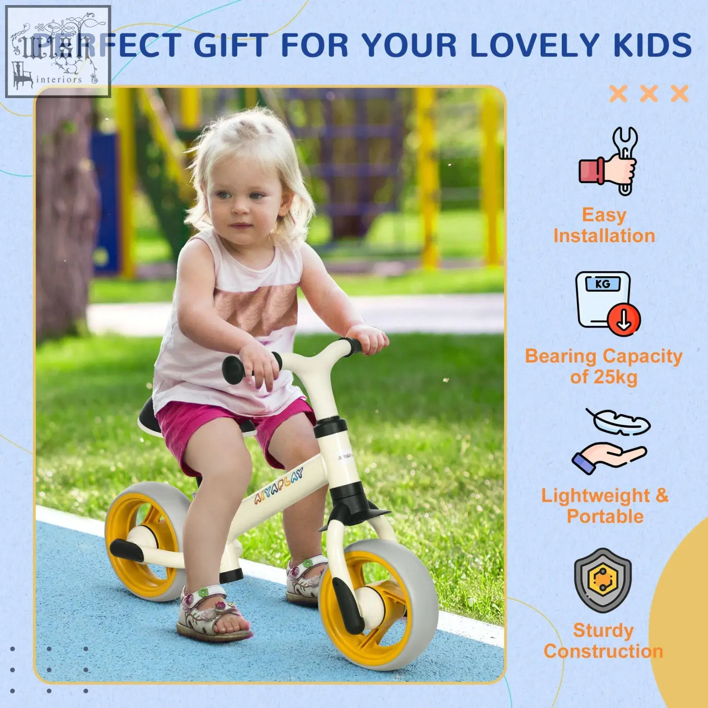 Cream-colored aiyaplay 8 balance bike with adjustable seat and yellow eva wheels for easy kids training