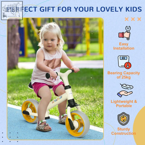 Cream-colored aiyaplay 8 balance bike with adjustable seat and yellow eva wheels for easy kids training
