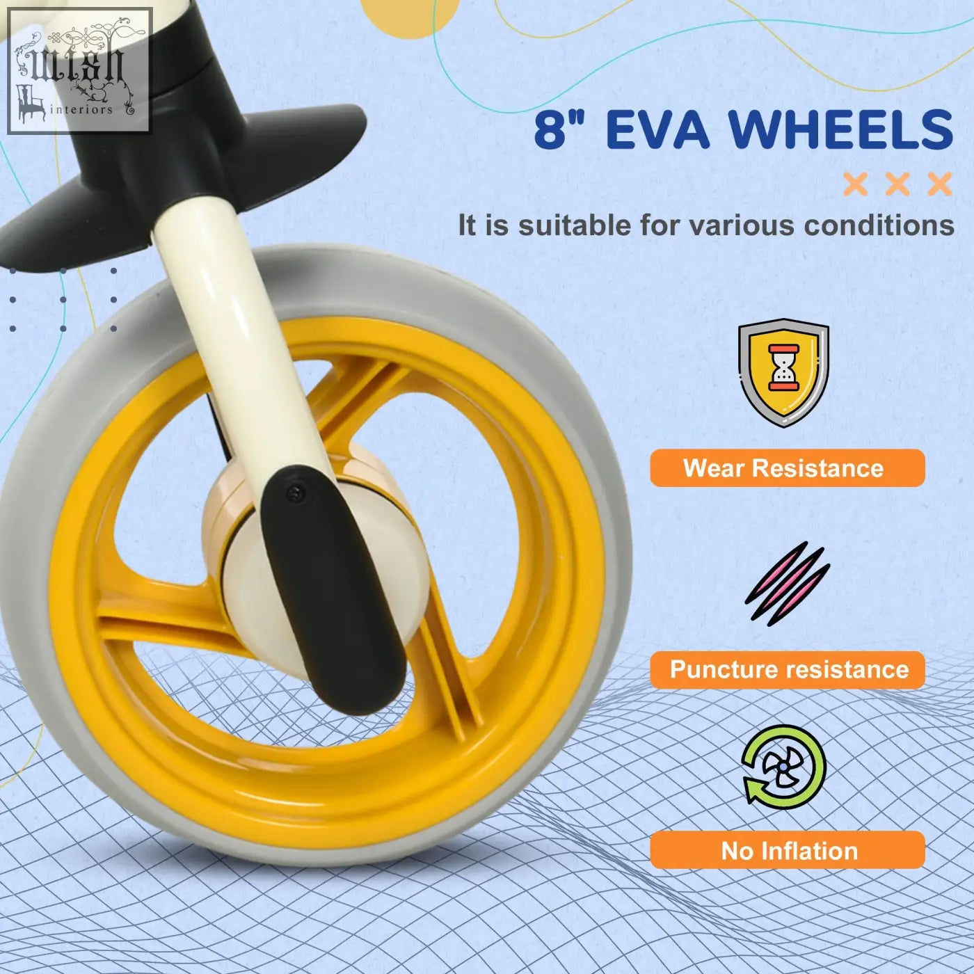 Aiyaplay 8 inch balance bike with bright yellow eva wheels, gray frame, black handlebar, and adjustable seat for kids