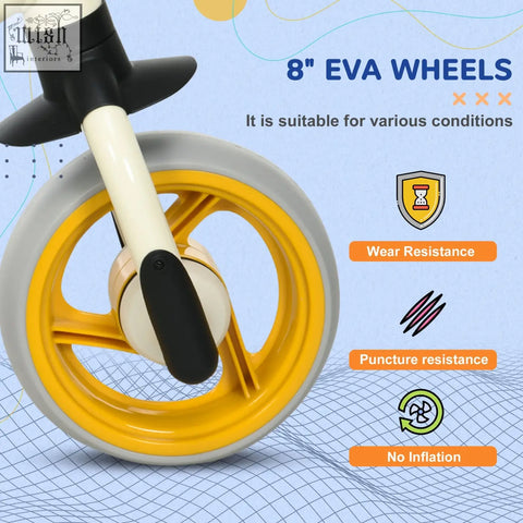 Aiyaplay 8 inch balance bike with bright yellow eva wheels, gray frame, black handlebar, and adjustable seat for kids