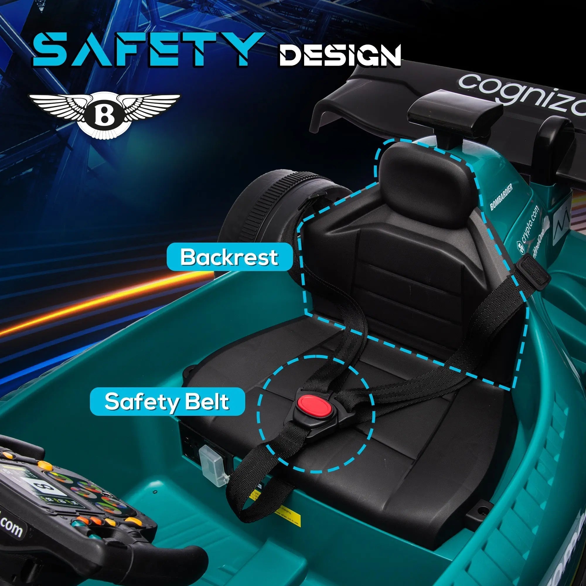 Teal and black aston martin licensed 12v kids ride on racing kart with strong power and safety belt system