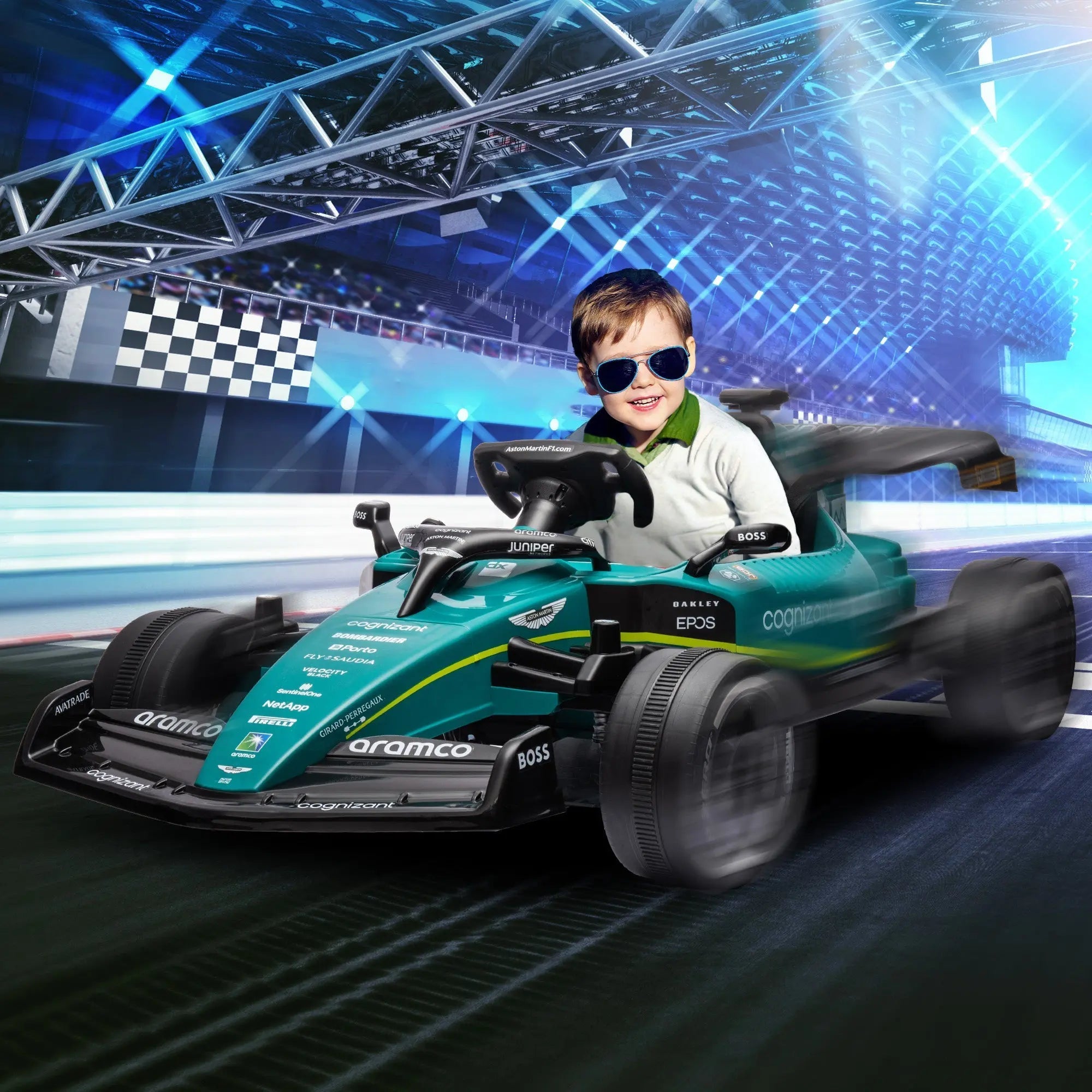 Teal and black aston martin licensed 12v kids ride on racing kart with strong power bluetooth music and lights