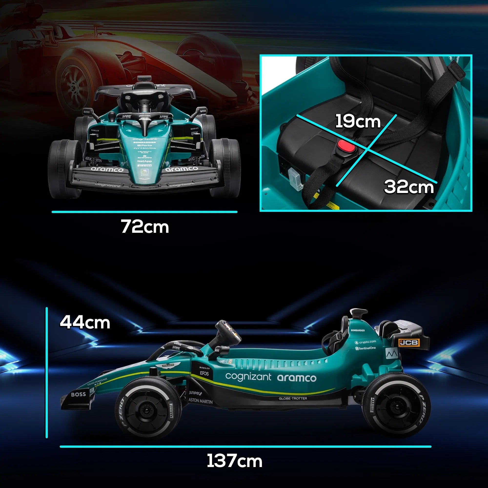 Teal and black aston martin licensed 12v kids ride on racing kart with strong power and sponsor decals