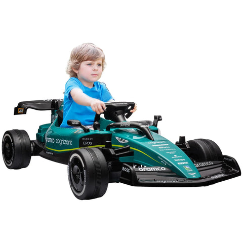 Teal and black licensed 12v aston martin kids ride on racing kart with strong power and sponsor decals
