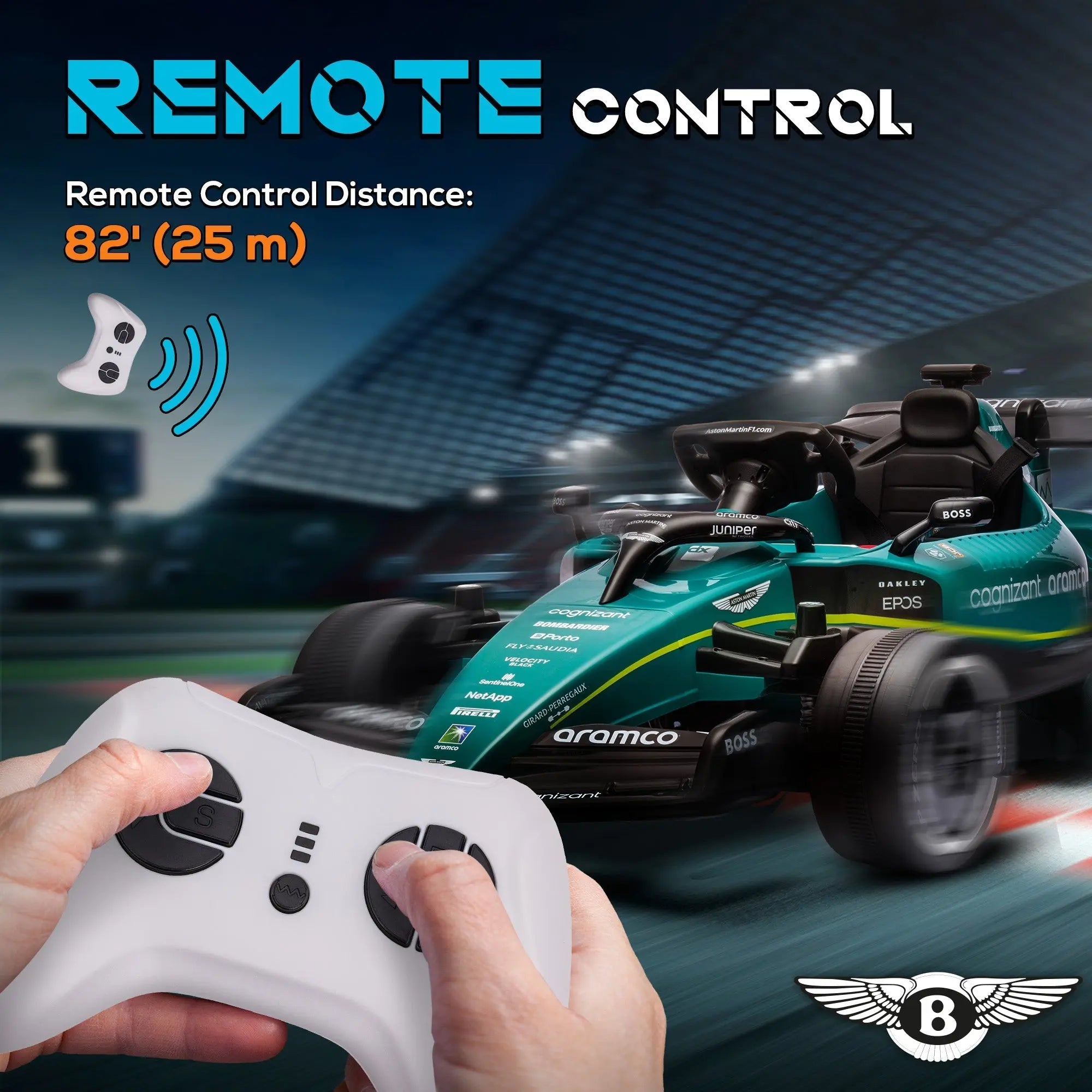 White remote control with black buttons and joysticks for licensed 12v aston martin kids ride on kart with strong power