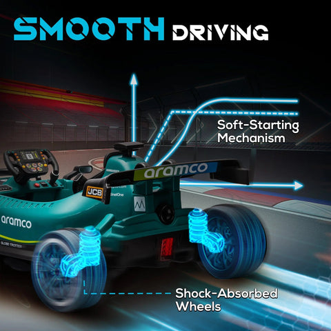 Teal and black aston martin licensed 12v kids ride on kart with strong power sponsor decals and suspension wheels