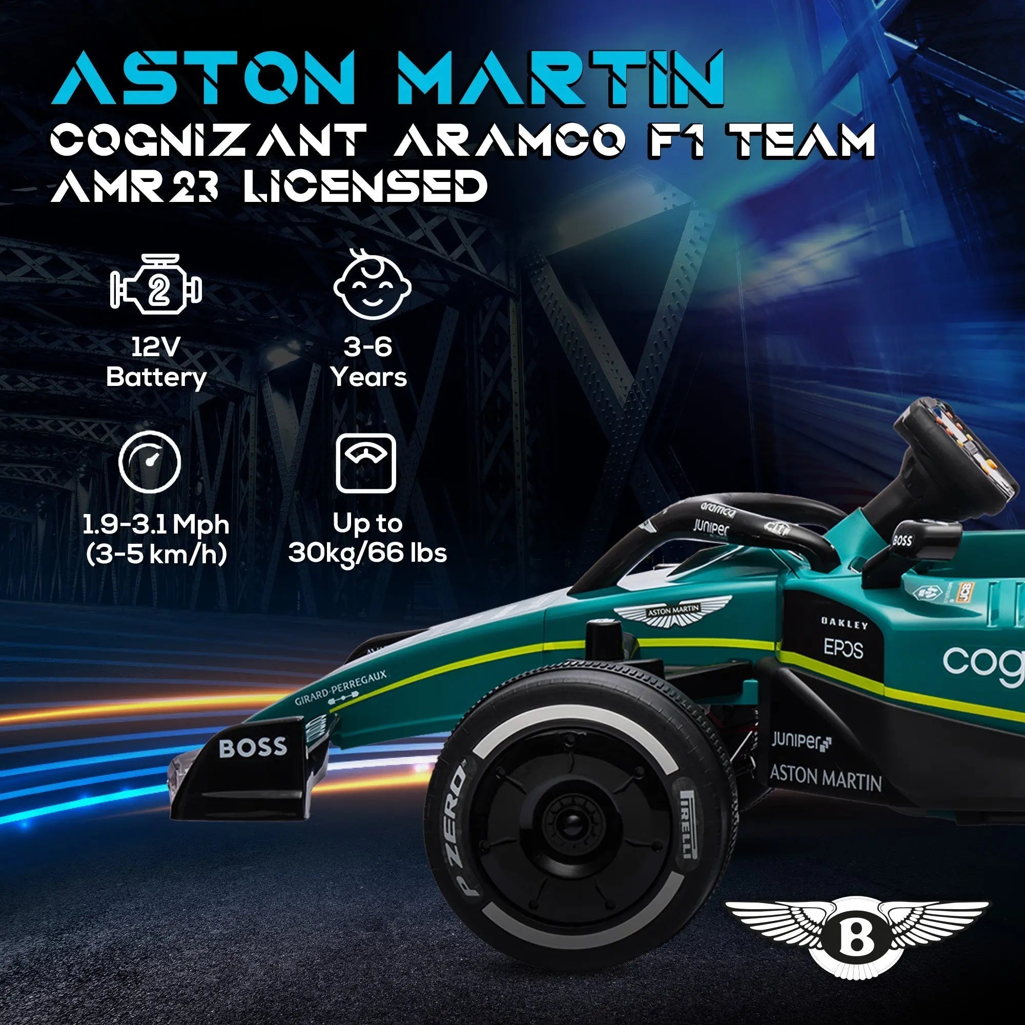 Teal and black aston martin amr23 licensed 12v kids ride on kart with strong power music lights and suspension wheels
