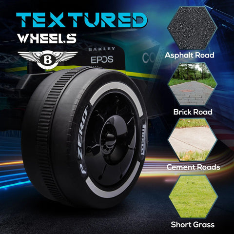 Black textured tire with white sidewall lettering and glossy rim on green aston martin licensed 12v kids racing kart with strong power